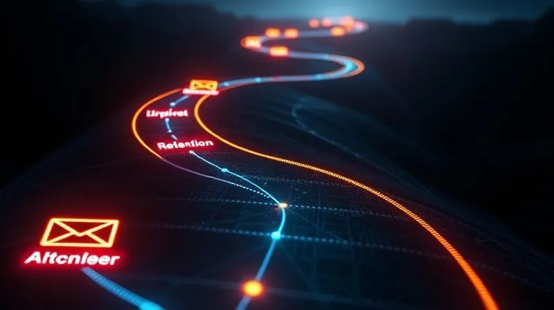 photorealistic, professional photography, 8K, cinematic lighting, sharp focus, depth of field, shot on a high-end DSLR of a winding, illuminated digital pathway representing a customer journey, with glowing milestones for discovery, purchase, and retention. A stylized email icon marks the retention phase, emphasizing connection and growth. The path leads towards a distant, bright horizon. Emotional resonance: guidance, progress, future.