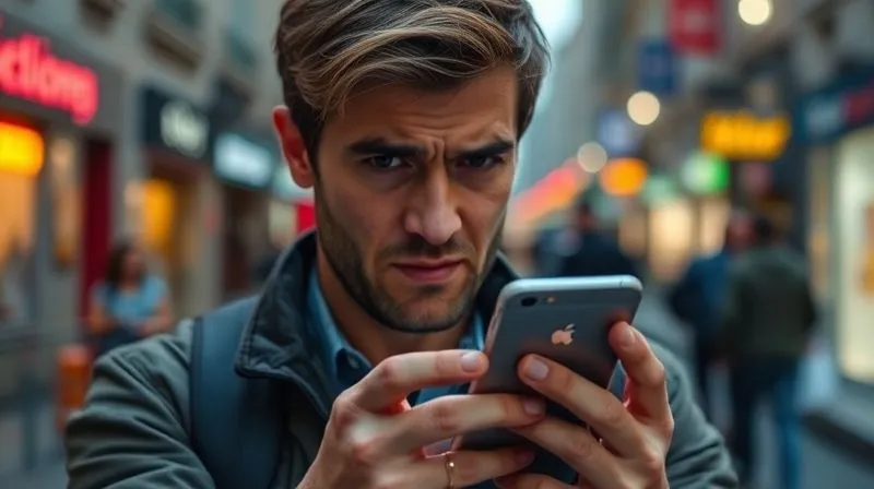 A photorealistic image of a frustrated user about to delete a news app from their smartphone, with a blurred background of a bustling city street. The user's face shows annoyance and impatience. Professional photography, 8K, cinematic lighting, sharp focus on the phone and user's hand, depth of field, shot on a high-end DSLR.