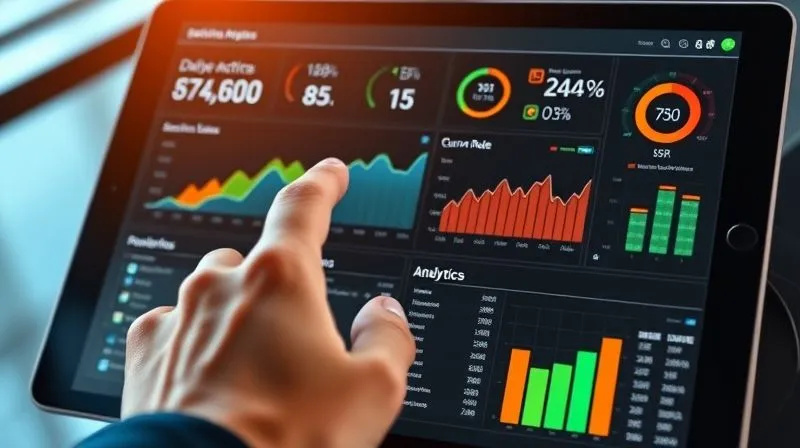 A photorealistic image of a detailed data analytics dashboard on a tablet, displaying various retention metrics like daily active users, churn rate, and session duration with clear, colorful graphs. A hand is interacting with the screen, pointing at a crucial metric. Professional photography, 8K, cinematic lighting, sharp focus on the tablet screen and hand, depth of field, shot on a high-end DSLR.