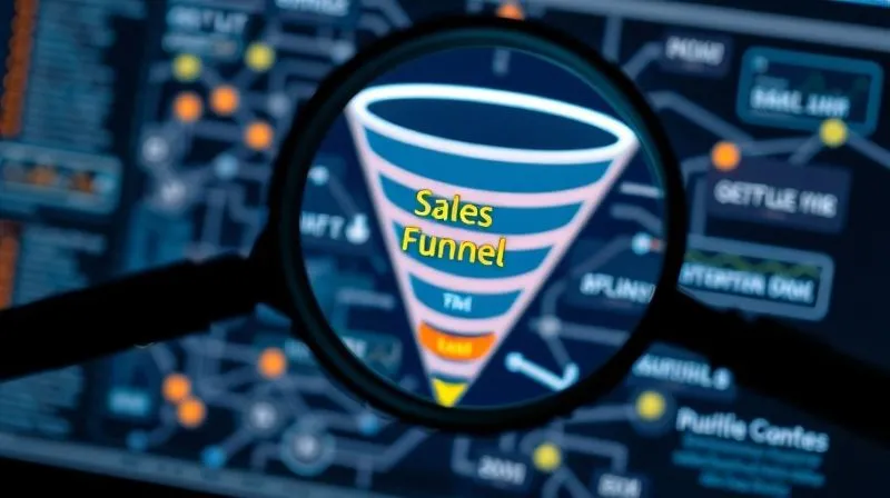 A photorealistic close-up of a magnifying glass hovering over a complex, illuminated digital sales funnel diagram, highlighting a specific bottleneck point. Cinematic lighting, sharp focus, depth of field blurring the background, 8K hyper-detailed, professional photography, shot on a high-end DSLR.