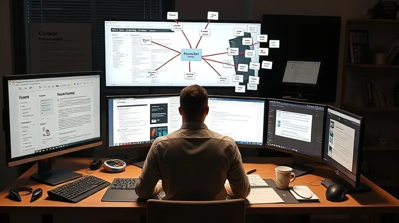 A photorealistic image of a creative professional at a modern desk, surrounded by multiple screens displaying content outlines, keyword research tools, and a blog post draft. They are actively brainstorming, with digital mind maps floating in the air, cinematic lighting, sharp focus, depth of field, 8K hyper-detailed, professional photography, shot on a high-end DSLR.