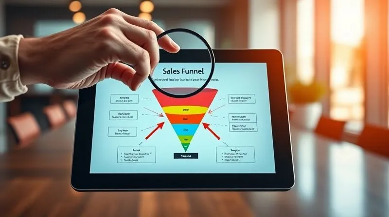 A photorealistic image of a detailed sales funnel diagram on a digital tablet, with red arrows indicating a bottleneck or drop-off point. A hand is holding a magnifying glass over the problematic area, suggesting analysis and problem-solving. Cinematic lighting, sharp focus on the tablet, depth of field blurring a modern office background. 8K hyper-detailed, professional photography.