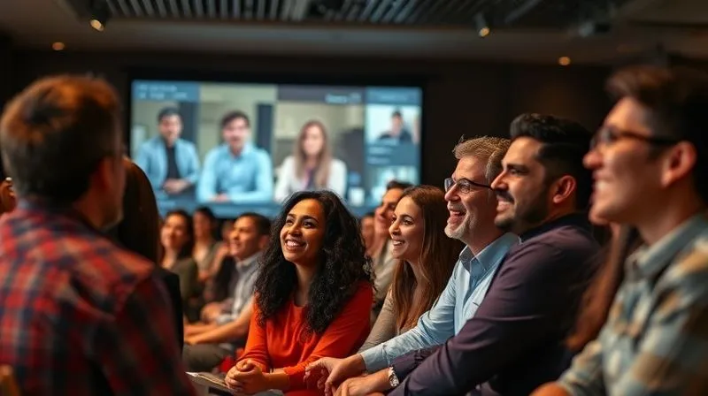 A photorealistic image of a diverse group of people engaged and smiling, watching a presenter on a large screen, possibly during a live webinar or online workshop. The atmosphere is collaborative and educational, with cinematic lighting highlighting their faces. Sharp focus on the audience and screen, depth of field blurring the background. 8K hyper-detailed, professional photography.