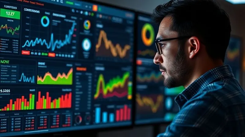 A photorealistic image of a digital marketer analyzing a complex dashboard with various charts and graphs representing ad campaign performance. The screen displays metrics like CTR, conversions, and ROI, with some areas highlighted in red indicating underperformance and others in green showing success. Cinematic lighting, sharp focus on the dashboard and the marketer's thoughtful expression, depth of field blurring the background. 8K hyper-detailed, professional photography.
