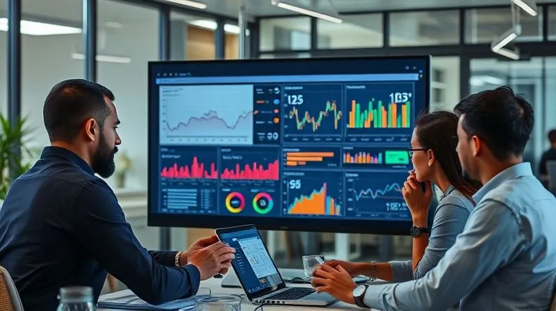 A photorealistic image of a diverse team of digital marketing professionals collaborating around a large monitor displaying complex data visualizations and performance charts. They are actively discussing strategies and making adjustments, highlighting the iterative nature of optimization. Cinematic lighting, sharp focus on the team and screen, depth of field blurring the modern office environment. 8K hyper-detailed, professional photography.
