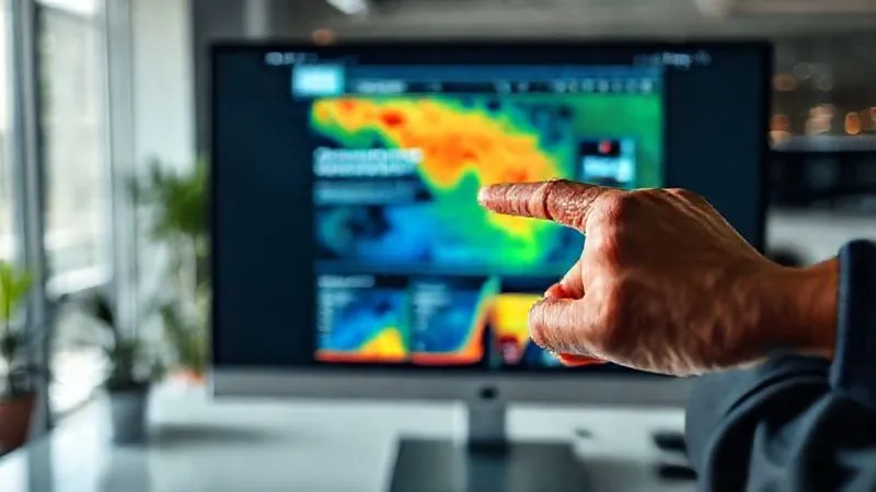 A photorealistic, professional photography, 8K, cinematic lighting, sharp focus, depth of field. A person's hand pointing at a detailed digital heatmap overlaid on a landing page design on a monitor, showing areas of low engagement in cool colors and high engagement in warm colors. The scene is in a modern office, reflecting data analysis and strategic decision-making.