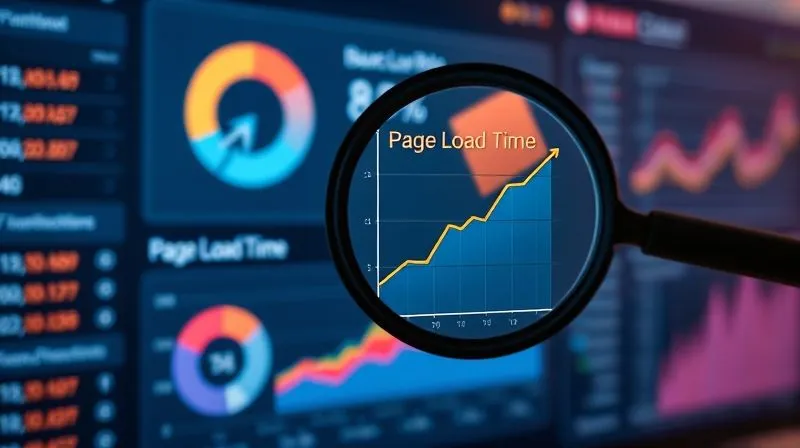 A photorealistic, professional photography of a digital dashboard displaying various web performance metrics, with a prominent red "Bounce Rate" indicator flashing high. A magnifying glass hovers over a "Page Load Time" graph, highlighting a steep incline. Cinematic lighting, sharp focus, depth of field, 8K hyper-detailed. Shot on a high-end DSLR.
