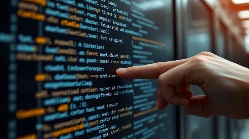 A photorealistic, professional photography of intricate lines of code glowing on a dark screen, with a database server rack in the blurred background. A hand is meticulously refining a segment of the code, symbolizing optimization and precision. Cinematic lighting, sharp focus on the code, depth of field, 8K hyper-detailed. Shot on a high-end DSLR.