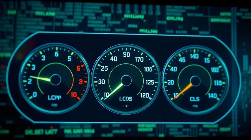 A photorealistic, professional photography of a digital user interface displaying three distinct gauges, each representing a Core Web Vital (LCP, FID, CLS). The needles are clearly in the "good" (green) zone, with subtle, fast-moving data streams in the background, symbolizing optimal performance. Cinematic lighting, sharp focus on the gauges, depth of field, 8K hyper-detailed. Shot on a high-end DSLR.