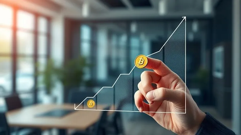 A photorealistic, professional photography, 8K image of a hand drawing an upward-trending sales graph on a transparent digital screen, with golden coin icons accumulating at the peak. The background shows a blurry, modern office with soft, cinematic lighting. Sharp focus on the graph and coins, depth of field creating a professional and inspiring atmosphere, shot on a high-end DSLR.