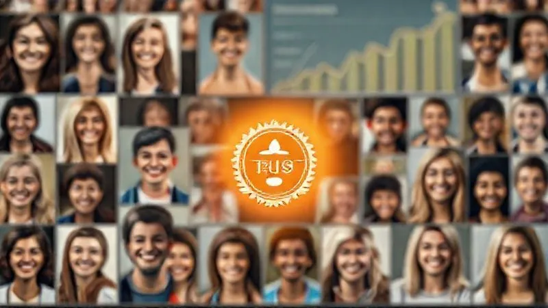 Photorealistic, professional photography, 8K, cinematic lighting, sharp focus, depth of field, shot on a high-end DSLR. A collage of diverse, smiling faces of satisfied customers in small, professional portrait frames, surrounding a central glowing 'Trust Seal' icon. The background is a subtly blurred infographic showing positive growth metrics, emphasizing social proof and authority.