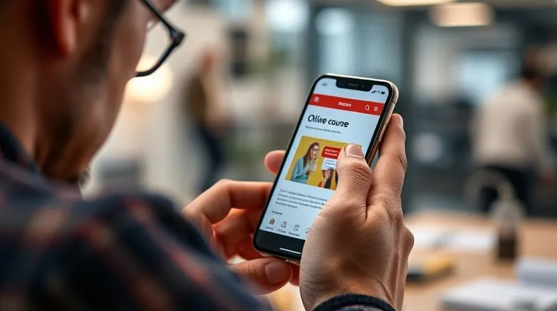 A photorealistic image of a frustrated user trying to navigate a cluttered, slow-loading website on a smartphone, with a confused expression. The screen shows a poorly designed landing page for an online course. Cinematic lighting, sharp focus on the user's hands and the phone, depth of field blurring a generic office background, 8K hyper-detailed, shot on a high-end DSLR.