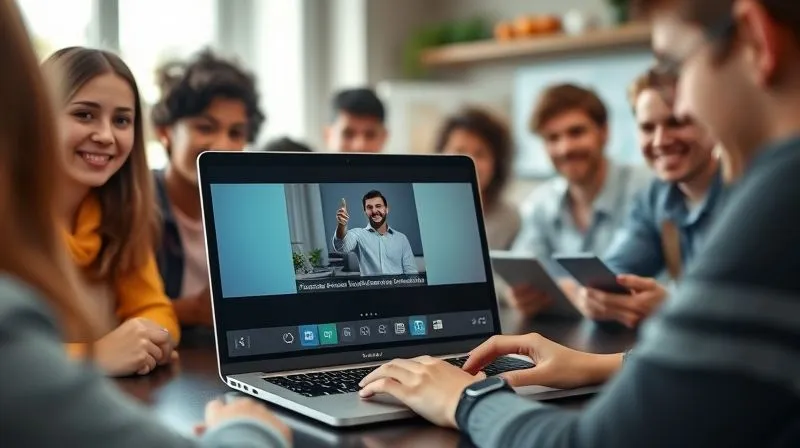 A photorealistic image of a professional video presentation playing on a sleek laptop screen, demonstrating an engaging online course. A diverse group of smiling, focused students are visible in the background, subtly blurred, each with their own learning devices. Cinematic lighting, sharp focus on the laptop screen, depth of field, 8K hyper-detailed, shot on a high-end DSLR, conveying a sense of modern, effective education.