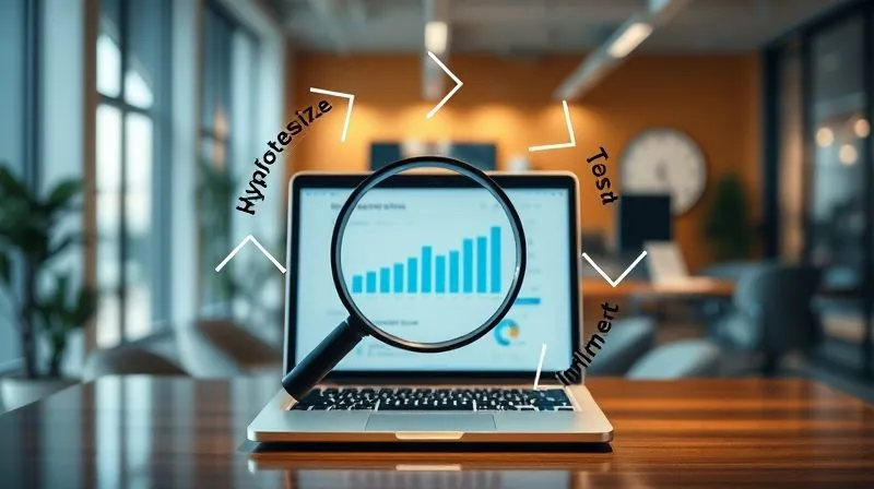 A photorealistic diagram showing a circular, iterative process of optimization: 'Analyze', 'Hypothesize', 'Test', 'Implement', with arrows connecting each stage in a continuous loop. In the center, a magnifying glass over a laptop screen displaying conversion metrics. Cinematic lighting, sharp focus on the diagram, depth of field blurring a modern office background, 8K hyper-detailed, shot on a high-end DSLR.