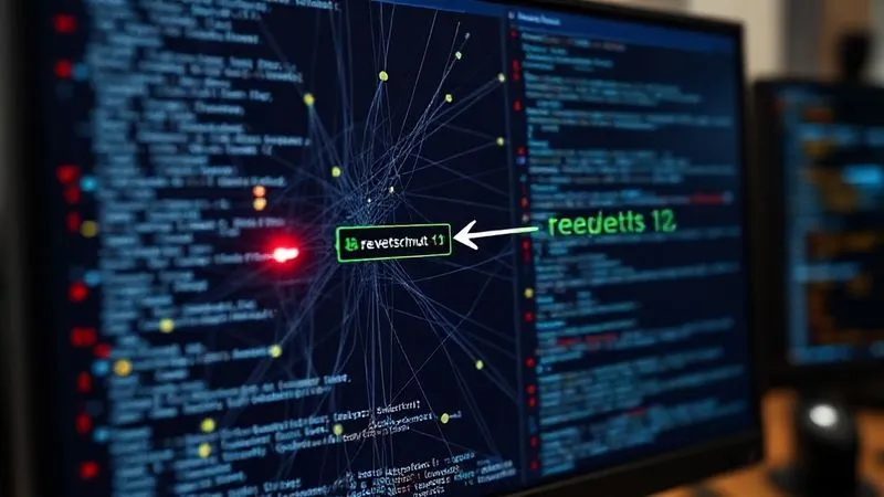 A photorealistic, professional photography image of a complex Git commit graph on a monitor, with various branches intertwining and diverging. One specific commit node is highlighted with a subtle red glow, and an arrow points to a new, green 'revert' commit node appearing next to it, signifying a non-destructive change. Cinematic lighting, sharp focus on the graph, depth of field blurring the background of a modern workspace. 8K hyper-detailed, shot on a high-end DSLR.
