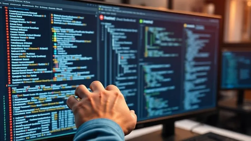 A photorealistic, professional photography image of a developer interacting with a large, ultra-wide monitor displaying a sophisticated Git GUI (like Sourcetree or GitKraken). The screen shows a clean, intricate graph of branches, commits, and merges. The developer's hand is on a mouse, precisely navigating the visual history. Cinematic lighting, sharp focus on the screen and hand, depth of field blurring the background of a high-tech office. 8K hyper-detailed, shot on a high-end DSLR.