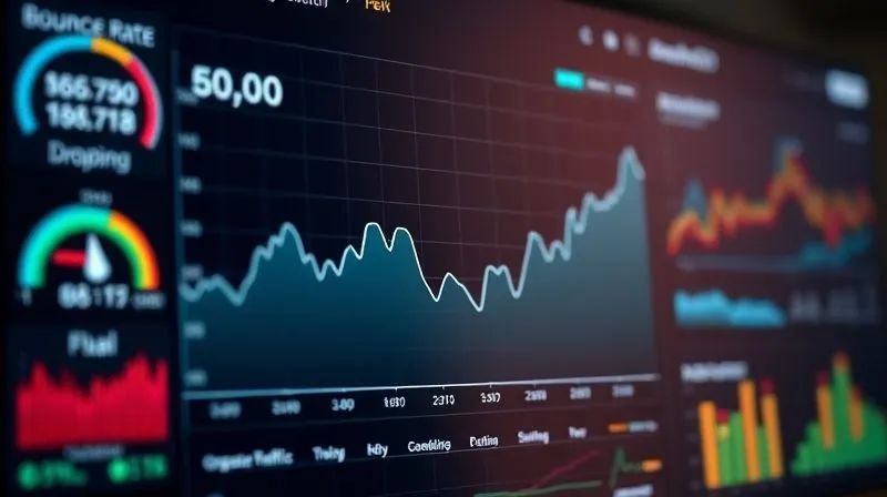 A photorealistic digital dashboard showing a line graph with a steep decline in organic traffic over time, surrounded by various metrics like bounce rate increasing and average position dropping. Professional photography, 8K, cinematic lighting, sharp focus on the declining graph, depth of field blurring other less critical data, shot on a high-end DSLR.