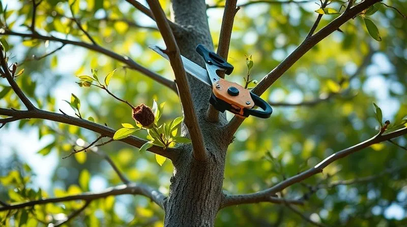 A photorealistic digital pruning shears carefully trimming away dead or redundant branches from a vibrant, growing tree, with the pruned energy being absorbed back into the main trunk. Cinematic lighting, sharp focus on the shears and the healthy parts of the tree, depth of field blurring the background, 8K, shot on a high-end DSLR.