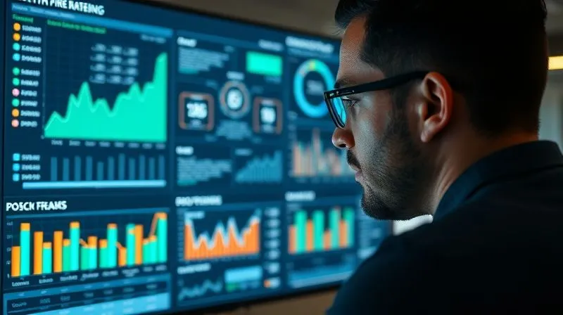 A photorealistic image of a person intently monitoring a complex digital dashboard filled with various graphs, charts, and real-time data streams, with a focus on a section showing positive growth after previous declines. Professional photography, 8K, cinematic lighting, sharp focus on the person's engaged face and the dashboard, depth of field blurring the office background, shot on a high-end DSLR.