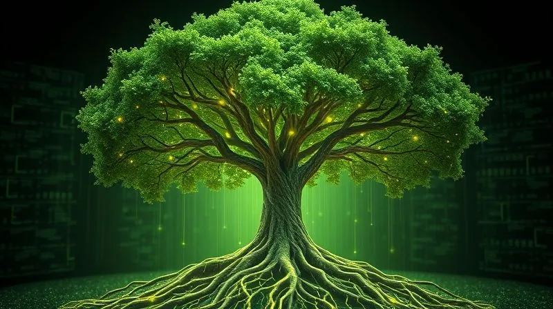 A photorealistic, majestic digital tree with glowing roots extending deep into a complex network of data streams, symbolizing evergreen content with lasting relevance and continuous nourishment from updated information. Professional photography, 8K, cinematic lighting, sharp focus on the tree and its roots, depth of field blurring the abstract digital background, shot on a high-end DSLR.