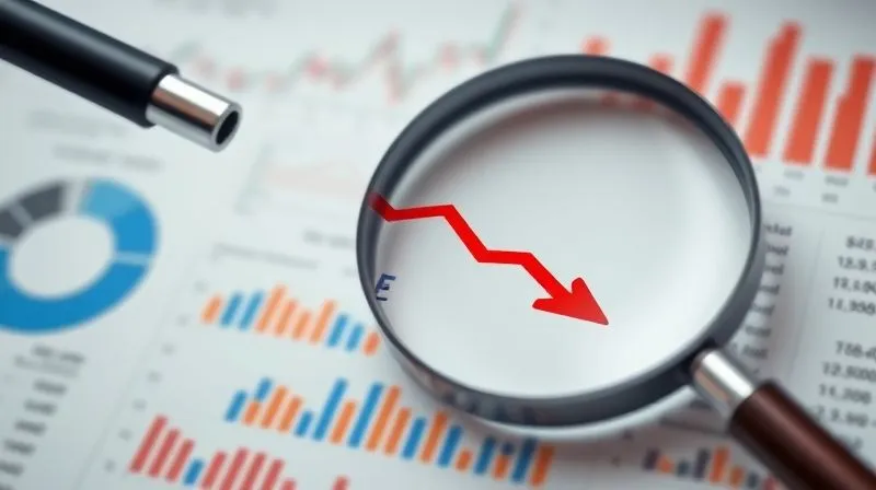 A photorealistic image of a magnifying glass hovering over a complex financial report showing various metrics, with a red downward trend arrow highlighted, cinematic lighting, sharp focus, 8K hyper-detailed.