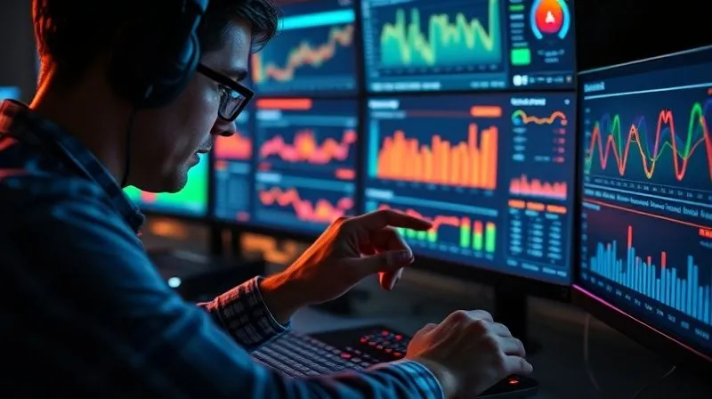 A photorealistic image of a digital marketer meticulously adjusting sliders and graphs on a multi-screen setup, focusing on ad campaign performance data, with a vibrant, glowing interface, cinematic lighting, sharp focus, 8K hyper-detailed.