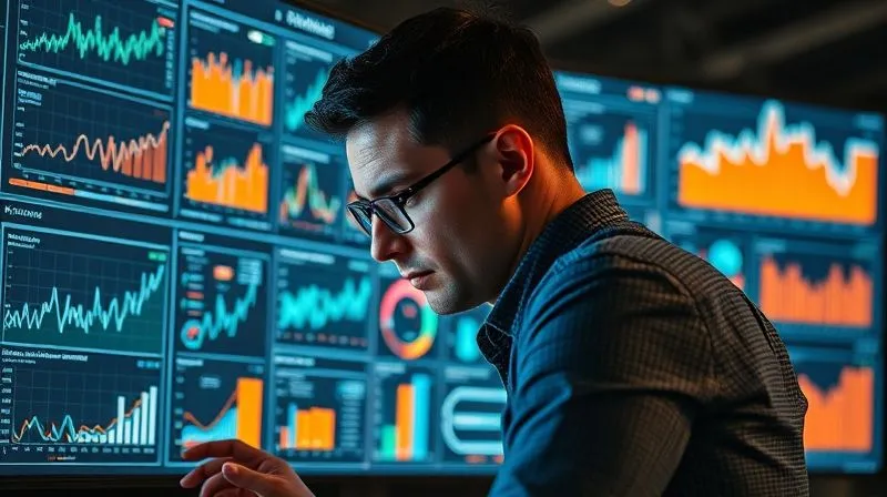 A photorealistic image of a data analyst intently examining a complex dashboard filled with various metrics and charts on multiple screens, representing the power of data-driven decision-making in dropshipping, cinematic lighting, sharp focus, 8K hyper-detailed.
