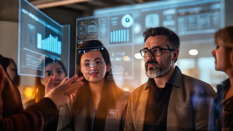 A photorealistic, professional photography, 8K, cinematic lighting, sharp focus, depth of field, shot on a high-end DSLR, of a diverse group of people from different professions (a developer, a marketing manager, a small business owner) looking intently at a holographic projection showing simplified data visualizations and a clear user interface, all showing understanding and engagement. The scene emphasizes clarity and connection, with warm, inviting light.