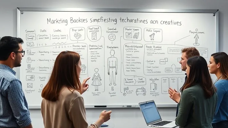 A photorealistic, professional photography, 8K, cinematic lighting, sharp focus, depth of field, shot on a high-end DSLR, showing a diverse group of professionals (marketing, engineering, sales) collaborating around a whiteboard filled with user personas and simplified tech concepts, illustrating clear communication and understanding. The atmosphere is innovative and collaborative.