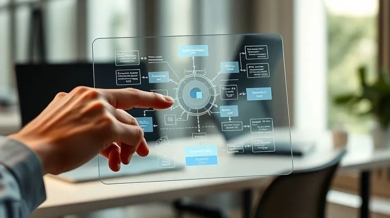 A photorealistic, professional photography, 8K, cinematic lighting, sharp focus, depth of field, shot on a high-end DSLR, showing a person's hand interacting with a transparent tablet displaying a complex data flow diagram, which then seamlessly transforms into a simplified, clear infographic. The background is a modern, minimalist workspace, emphasizing clarity and ease of understanding.