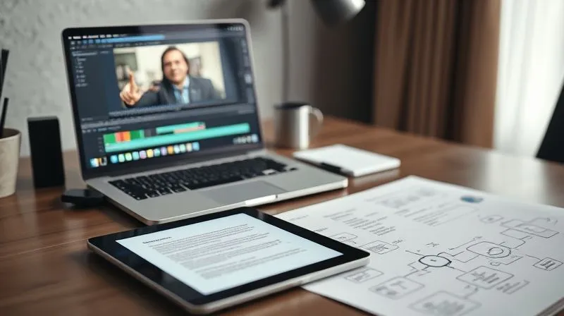 A photorealistic, professional photography, 8K, cinematic lighting, sharp focus, depth of field, shot on a high-end DSLR, showing a sleek, modern desk with a laptop displaying a video editing timeline, a tablet with a script, and a notepad with flowcharts and diagrams. The atmosphere is organized and creative, reflecting efficient content creation for complex topics.
