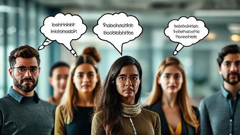 A photorealistic image of a diverse group of people representing different buyer personas, each with a thought bubble above their head showing a specific problem or desire related to digital solutions. The background is a blurred, modern office environment. Cinematic lighting, sharp focus on the people, depth of field. 8K hyper-detailed, shot on a high-end DSLR.