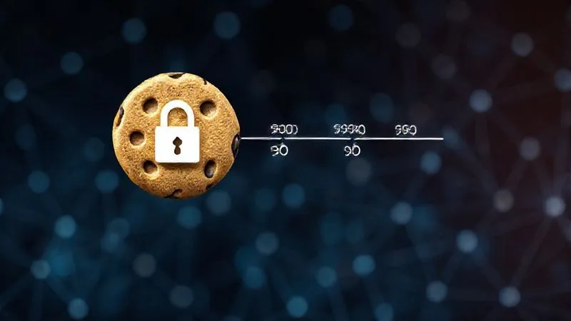 A photorealistic image of a digital cookie icon with a timeline extending from it, showing different durations (30 days, 60 days, 90 days) and a small padlock symbol, representing secure tracking. The background is a blurred network of digital connections. Cinematic lighting, sharp focus on the cookie, depth of field. 8K hyper-detailed, shot on a high-end DSLR.