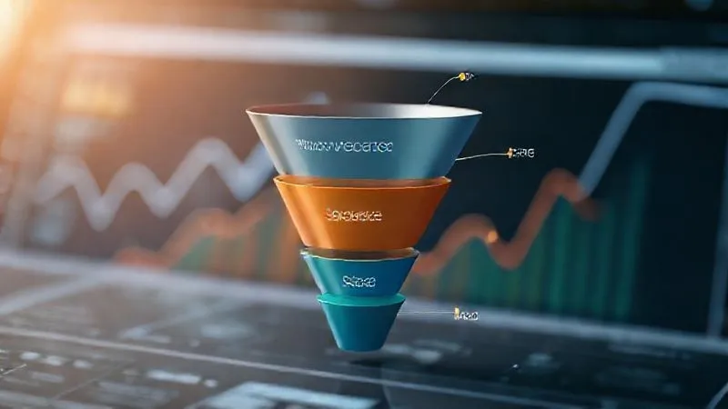 A photorealistic image of a clear, elegant sales funnel diagram, digitally rendered, with distinct stages labeled 'Awareness', 'Interest', 'Desire', 'Action'. Each stage has small data points like CTR, CVR, and EPC floating near it. Cinematic lighting, sharp focus on the funnel, depth of field blurring a background of digital analytics. 8K hyper-detailed, shot on a high-end DSLR.