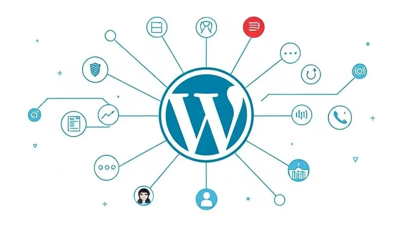 A photorealistic image of a minimalist, clean digital interface with various interconnected icons representing different plugins (e.g., a shield for security, a chat bubble for support, a user icon for membership), all flowing seamlessly into a central WordPress logo. Cinematic lighting, sharp focus, depth of field. Shot on a high-end DSLR, 8K hyper-detailed, professional photography.