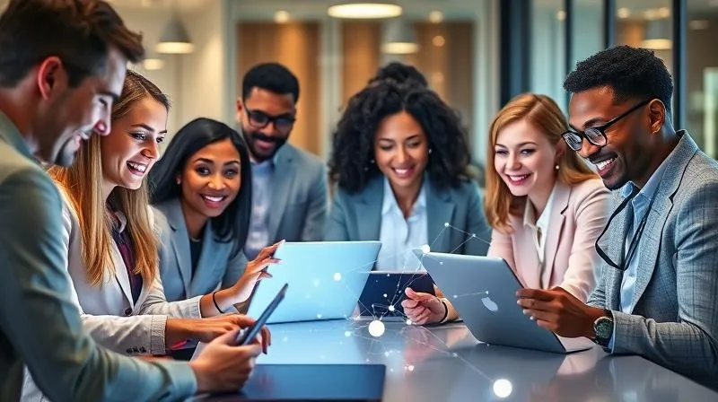 A photorealistic image of a diverse group of professionals interacting with a digital portal on various devices (laptops, tablets), all smiling and engaged. A subtle overlay of data points and connection lines suggests seamless information flow and community building. Cinematic lighting, sharp focus, depth of field. Shot on a high-end DSLR, 8K hyper-detailed, professional photography.