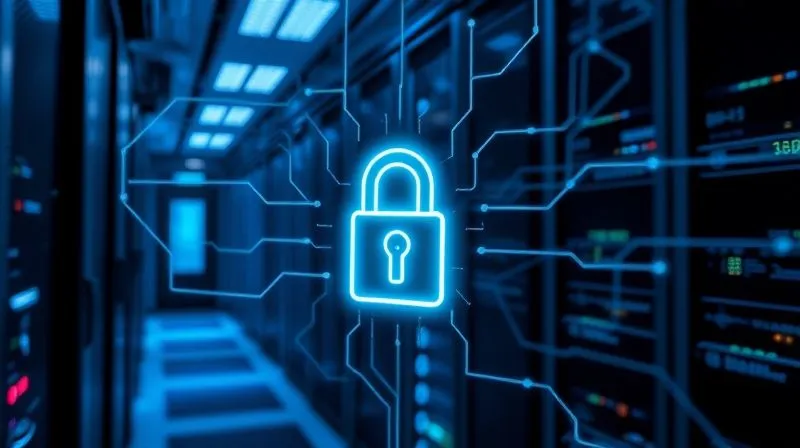 A photorealistic image of a highly secure, glowing digital lock icon overlaid on a complex network of data streams, symbolizing robust security for a client portal. Background shows a server room with cinematic blue lighting. Sharp focus on the lock, depth of field. Shot on a high-end DSLR, 8K hyper-detailed, professional photography.