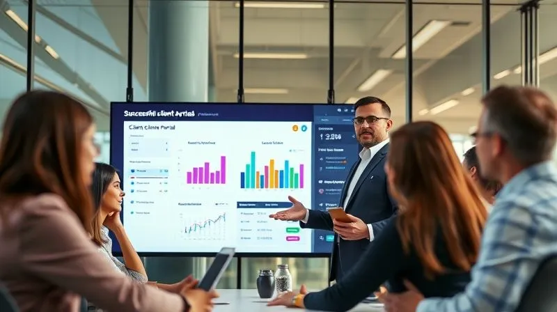 A photorealistic image of a business leader confidently presenting a successful client portal dashboard on a large screen to an engaged team, all looking satisfied. The atmosphere is collaborative and innovative, with subtle digital elements floating around the screen. Cinematic lighting, sharp focus on the leader and screen, depth of field. Shot on a high-end DSLR, 8K hyper-detailed, professional photography.