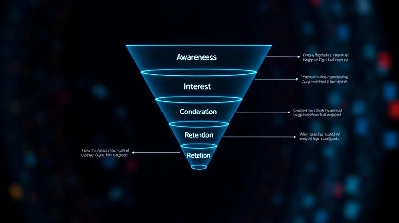 A photorealistic diagram of a digital marketing funnel, with each stage clearly labeled (Awareness, Interest, Consideration, Conversion, Retention). The funnel glows with data flowing smoothly downwards, representing successful transitions. Cinematic lighting, sharp focus, 8K, professional photography, shot on a high-end DSLR.