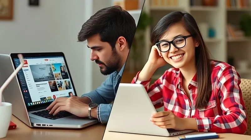 A photorealistic split screen image. On one side, a frustrated student struggling with a cluttered, slow website on a laptop. On the other side, the same student smiling confidently, easily navigating a clean, fast, and modern tutor website. Cinematic lighting, sharp focus, 8K, professional photography, shot on a high-end DSLR.