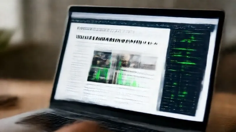 A photorealistic, professional photography shot of a laptop screen displaying a blog post with engaging headlines and an SEO analysis dashboard in the background, showing green metrics for traffic and ranking. Cinematic lighting, sharp focus on the screen, depth of field, 8K hyper-detailed, shot on a high-end DSLR.