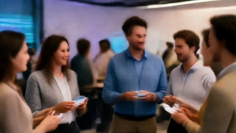 A photorealistic image of a vibrant startup networking event, with diverse entrepreneurs engaging in animated conversations, holding business cards. The background features subtle tech branding and soft, ambient lighting. Professional photography, 8K, cinematic lighting, sharp focus on the interactions, depth of field, shot on a high-end DSLR.