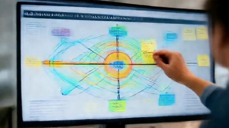 A photorealistic image of a detailed customer journey map, displayed on a large monitor, with various touchpoints and conversion funnels highlighted. A hand is annotating key areas for optimization with sticky notes. Professional photography, 8K, cinematic lighting, sharp focus on the map, depth of field, shot on a high-end DSLR.
