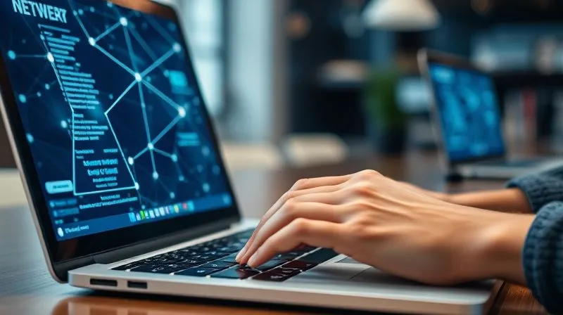 A photorealistic image of a person's hand typing on a laptop keyboard, with a glowing digital network overlaying the screen, symbolizing content creation and SEO optimization. The background is a blurred, modern workspace. 8K, cinematic lighting, sharp focus on the hands and screen, depth of field, shot on a high-end DSLR.