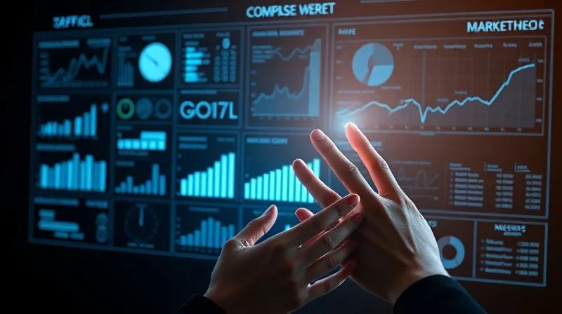 A photorealistic image of a futuristic, transparent data dashboard displaying various marketing metrics like traffic, conversions, and engagement. Hands are interacting with holographic graphs and charts, surrounded by a subtle digital glow in a dark, minimalist setting, symbolizing data-driven decision making. 8K, cinematic lighting, sharp focus, depth of field, shot on a high-end DSLR.