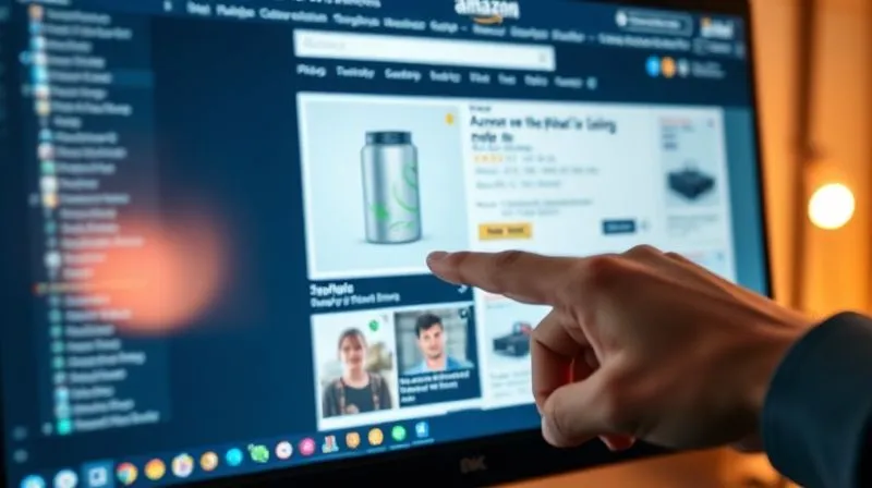 A photorealistic image of a computer screen displaying a highly optimized product listing on a popular marketplace (like Amazon or Mercado Livre). The listing features crisp, detailed product photos, a compelling title, and key features highlighted. A hand is pointing at the screen, emphasizing details. Cinematic lighting, sharp focus, 8K, professional photography, depth of field. A subtle glow emanates from the screen.