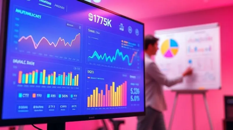A photorealistic image of a vibrant, colorful digital marketing dashboard showing analytics and campaign performance metrics (CTR, conversion rate, ROI). The screen is clean and modern, with graphs and numbers clearly visible. In the background, a person is strategically planning on a whiteboard with market segments. Cinematic lighting, sharp focus, 8K, professional photography, depth of field.