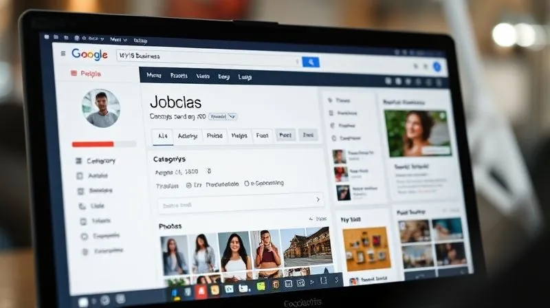 A photorealistic screenshot of a Google My Business profile dashboard being meticulously filled out, with various fields for business information, categories, and photos visible. The screen shows a progress bar indicating high completion, cinematic lighting, sharp focus, depth of field, 8K hyper-detailed, professional photography, shot on a high-end DSLR.