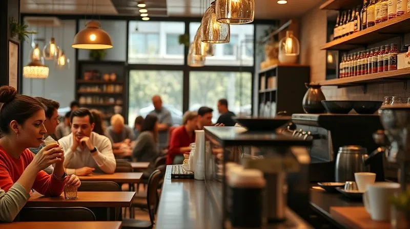 A photorealistic shot of a vibrant coffee shop interior, with customers enjoying their drinks and a barista making coffee. The scene is well-lit, showing attention to detail in design and atmosphere, cinematic lighting, sharp focus, depth of field, 8K hyper-detailed, professional photography, shot on a high-end DSLR.