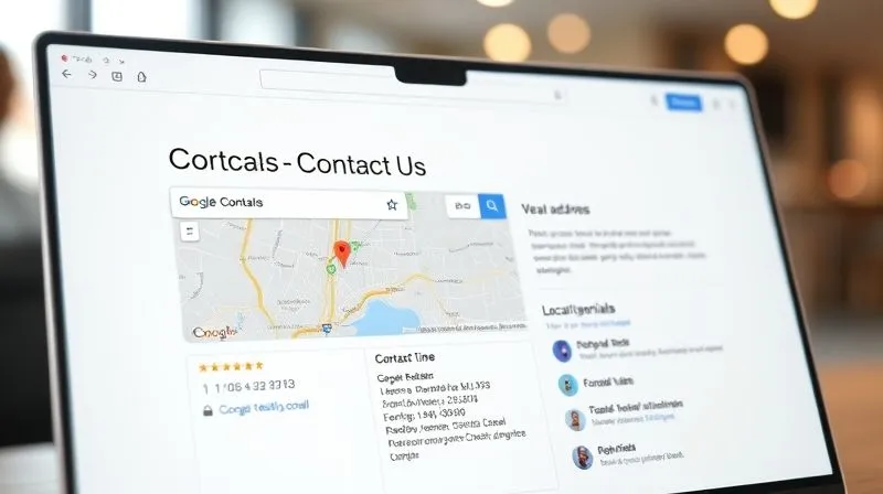 A photorealistic view of a modern website displaying a 'Contact Us' page with an embedded Google Map, local address details, and customer testimonials. The design is clean and professional, emphasizing local presence. Cinematic lighting, sharp focus, depth of field, 8K hyper-detailed, professional photography, shot on a high-end DSLR.